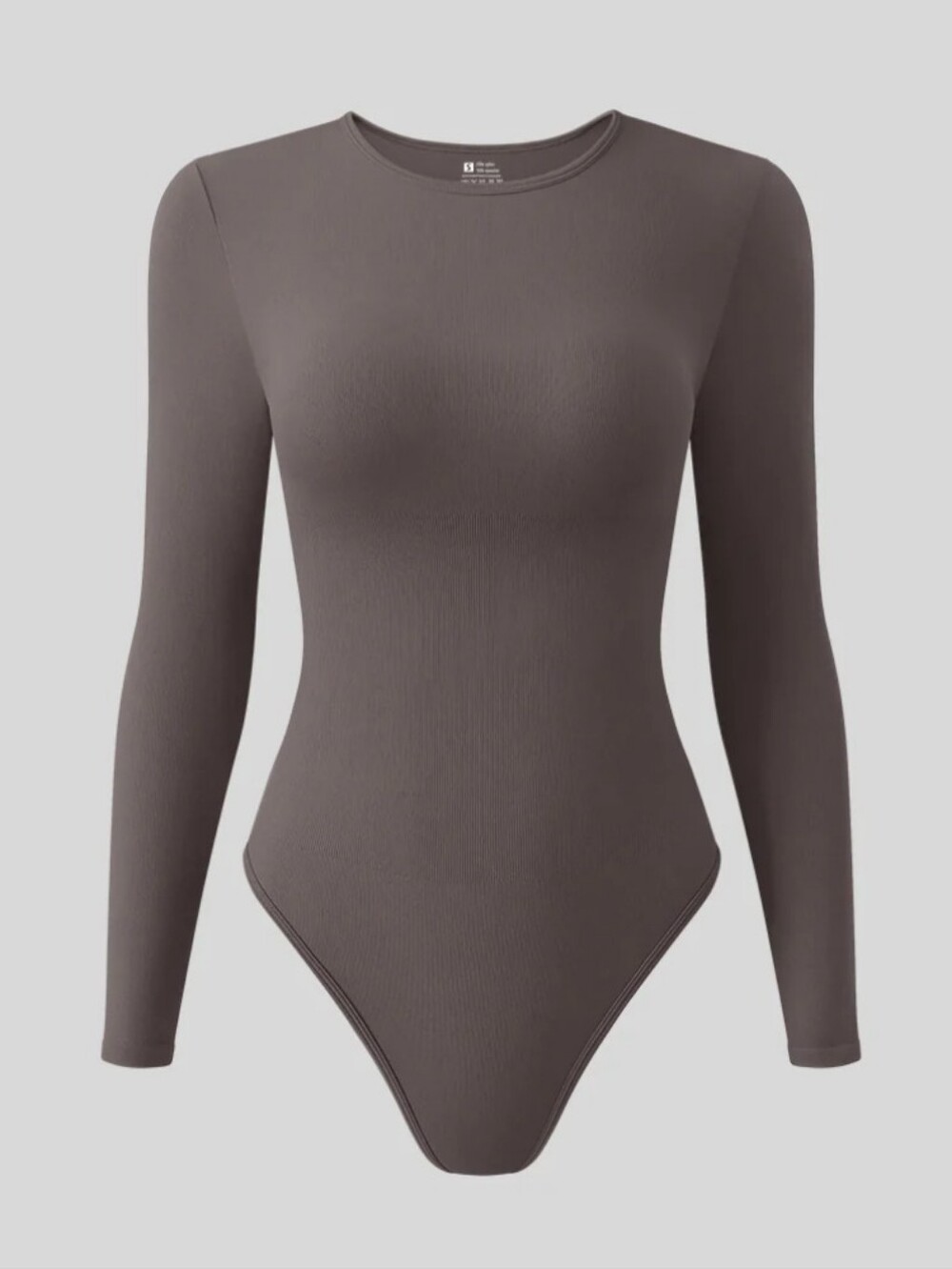 Privy Ribbed Long-Sleeve Crewneck Bodysuit in Taupe.